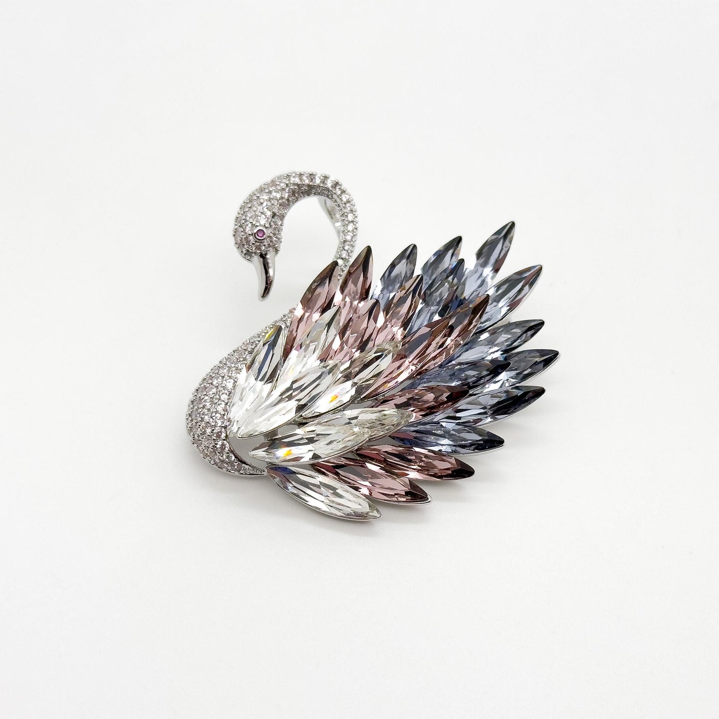 French Vintage Crystal Swan Brooch with Zircon Pearl Accents