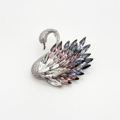 French Vintage Crystal Swan Brooch with Zircon Pearl Accents