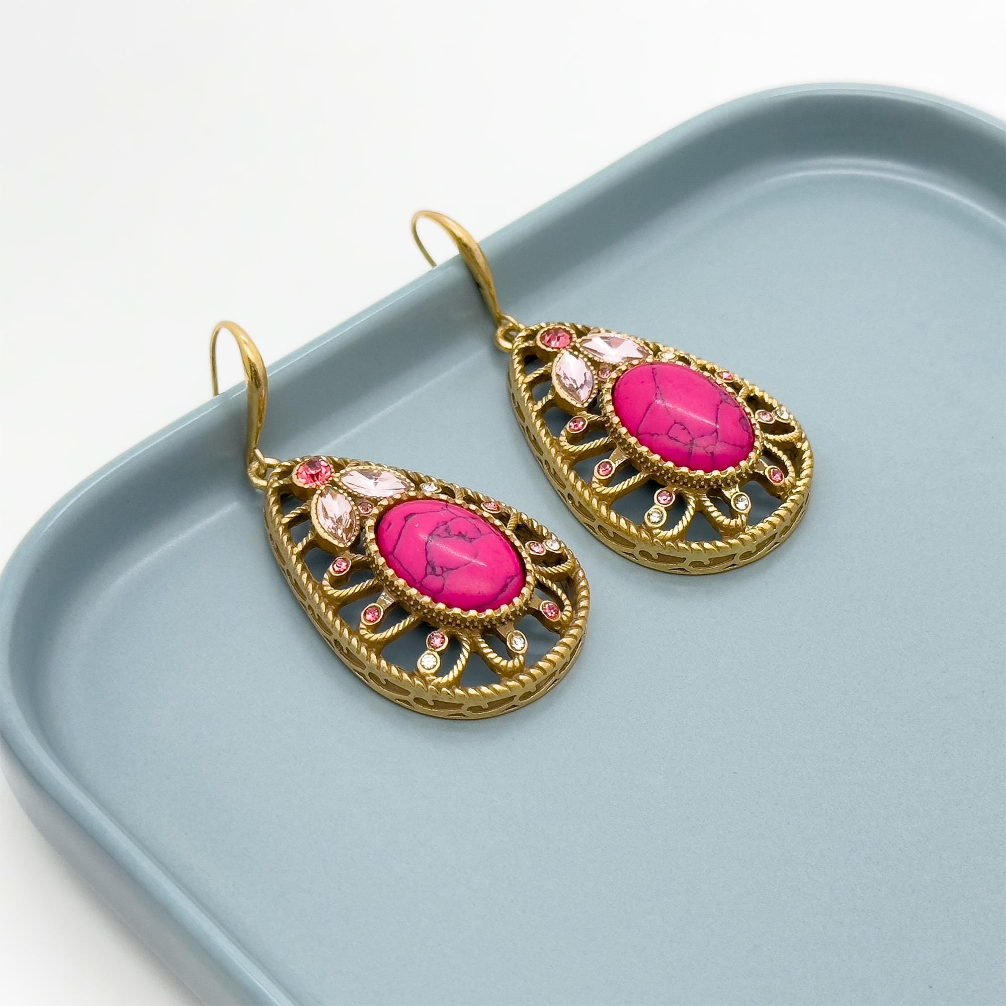 Vintage Art Deco Ruby Drop Earrings Copper Filigree Statement