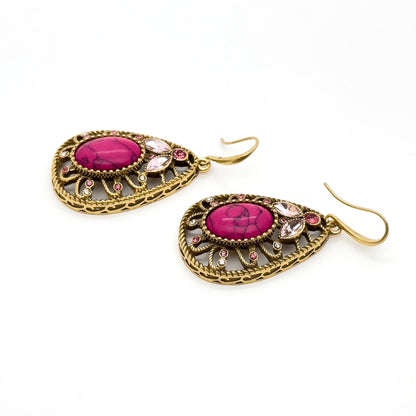 Vintage Art Deco Ruby Drop Earrings Copper Filigree Statement