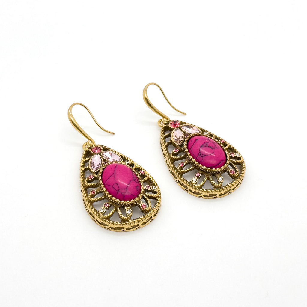 Vintage Art Deco Ruby Drop Earrings Copper Filigree Statement