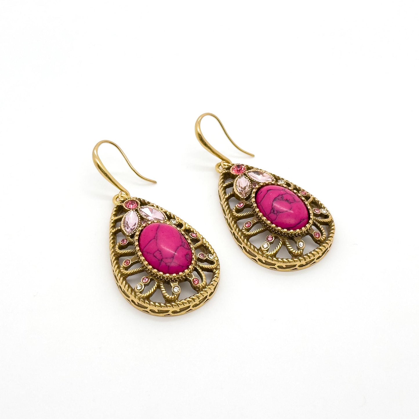 Vintage Art Deco Ruby Drop Earrings Copper Filigree Statement