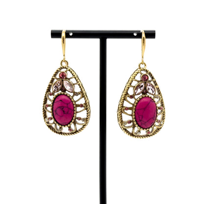 Vintage Art Deco Ruby Drop Earrings Copper Filigree Statement