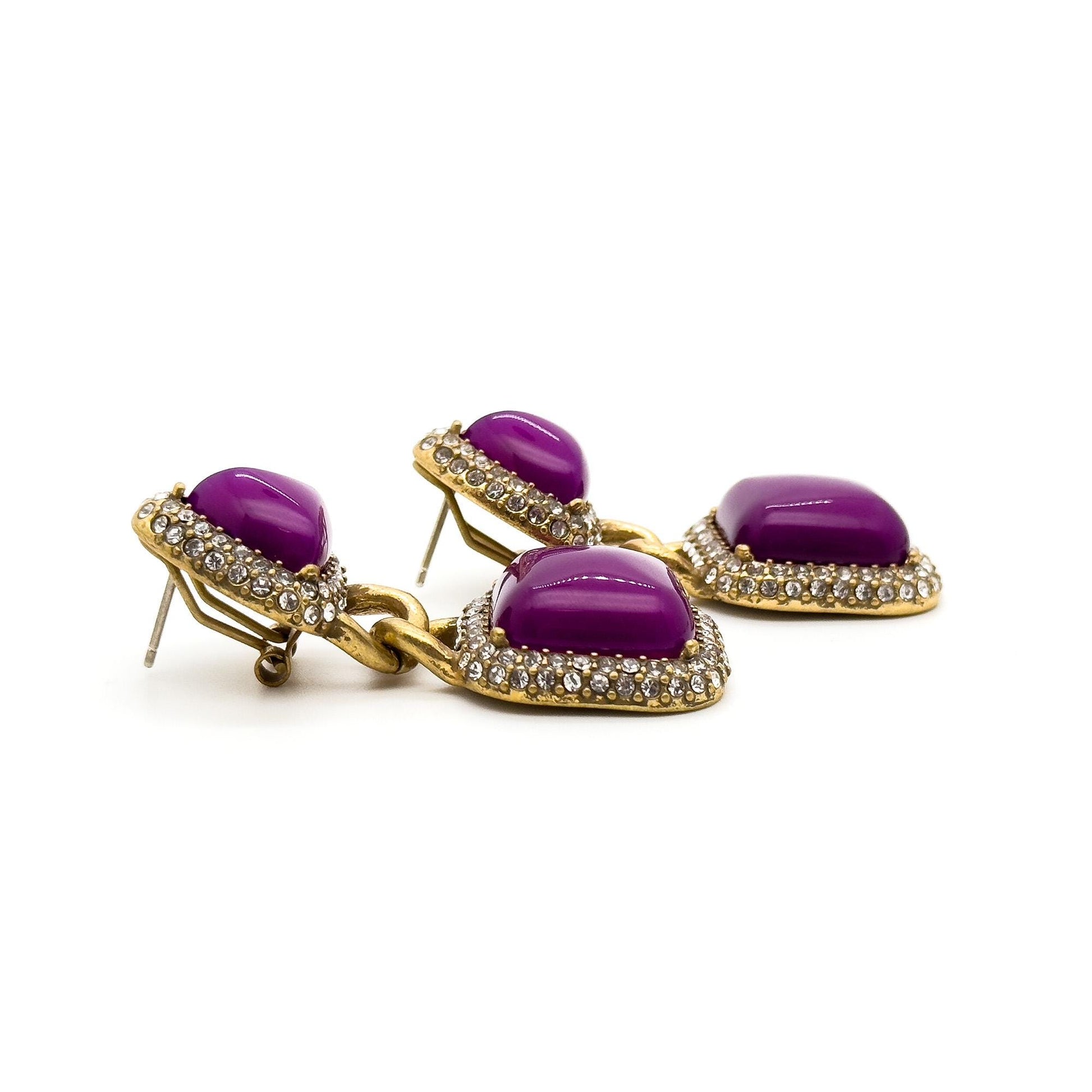 Vintage Art Deco Heart Lock Dangle Earrings with Rhinestones