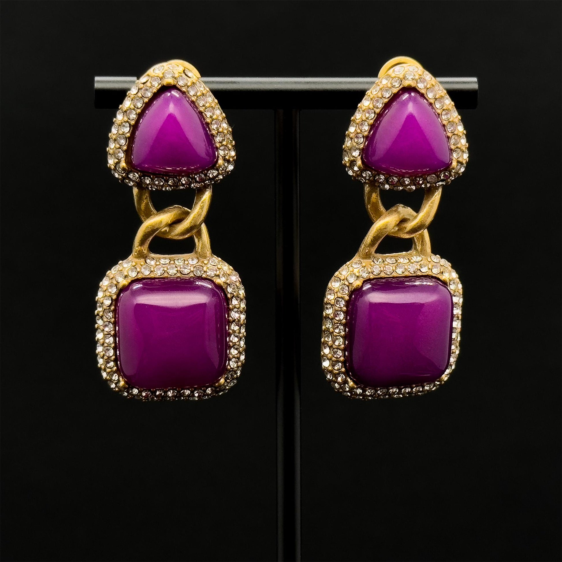 Vintage Art Deco Heart Lock Dangle Earrings with Rhinestones