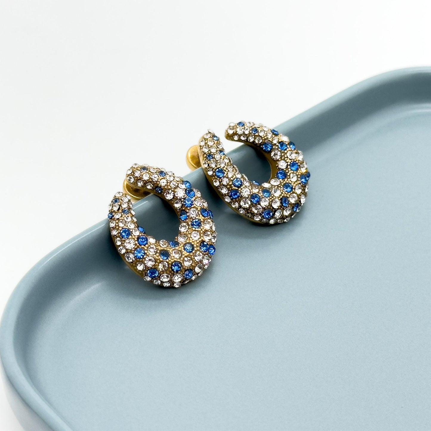 Vintage Art Deco U-Shaped Rhinestone Stud Earrings, 925 Silver Posts