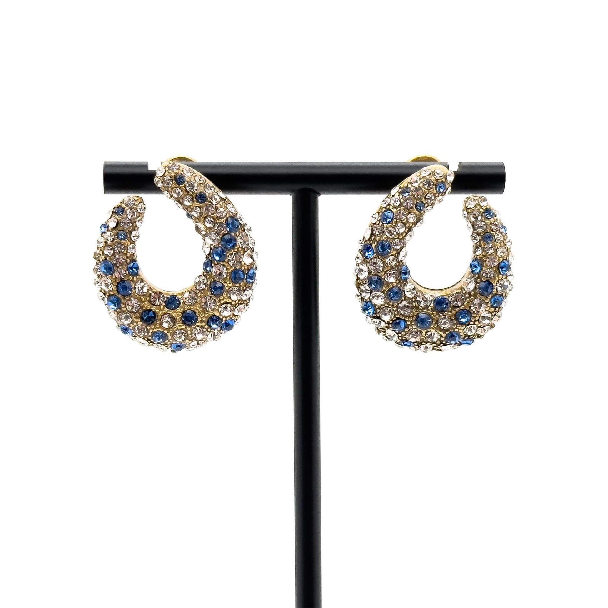 Vintage Art Deco U-Shaped Rhinestone Stud Earrings, 925 Silver Posts