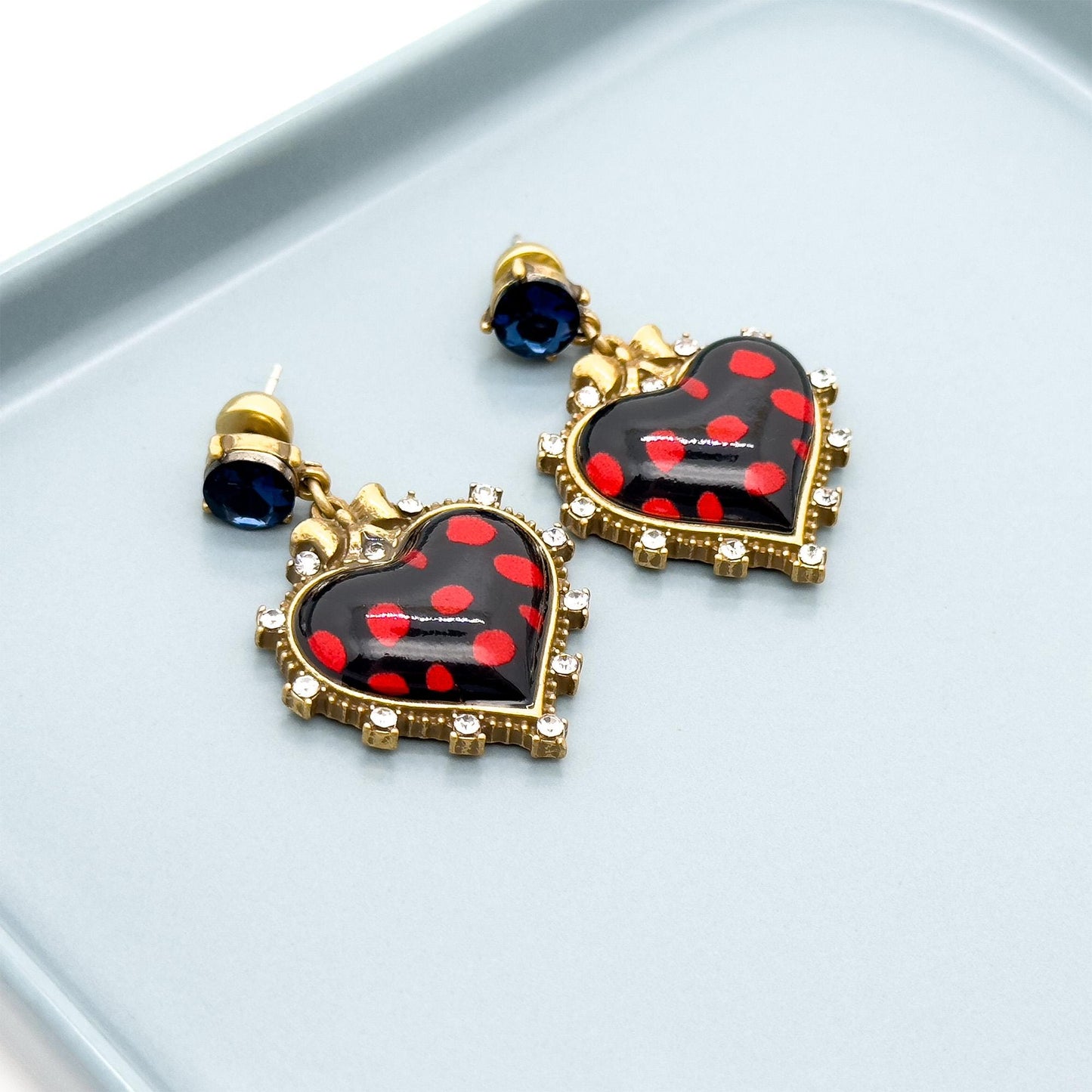 Vintage Art Deco Heart Earrings Zircon Rhinestone 45mm 925 Silver