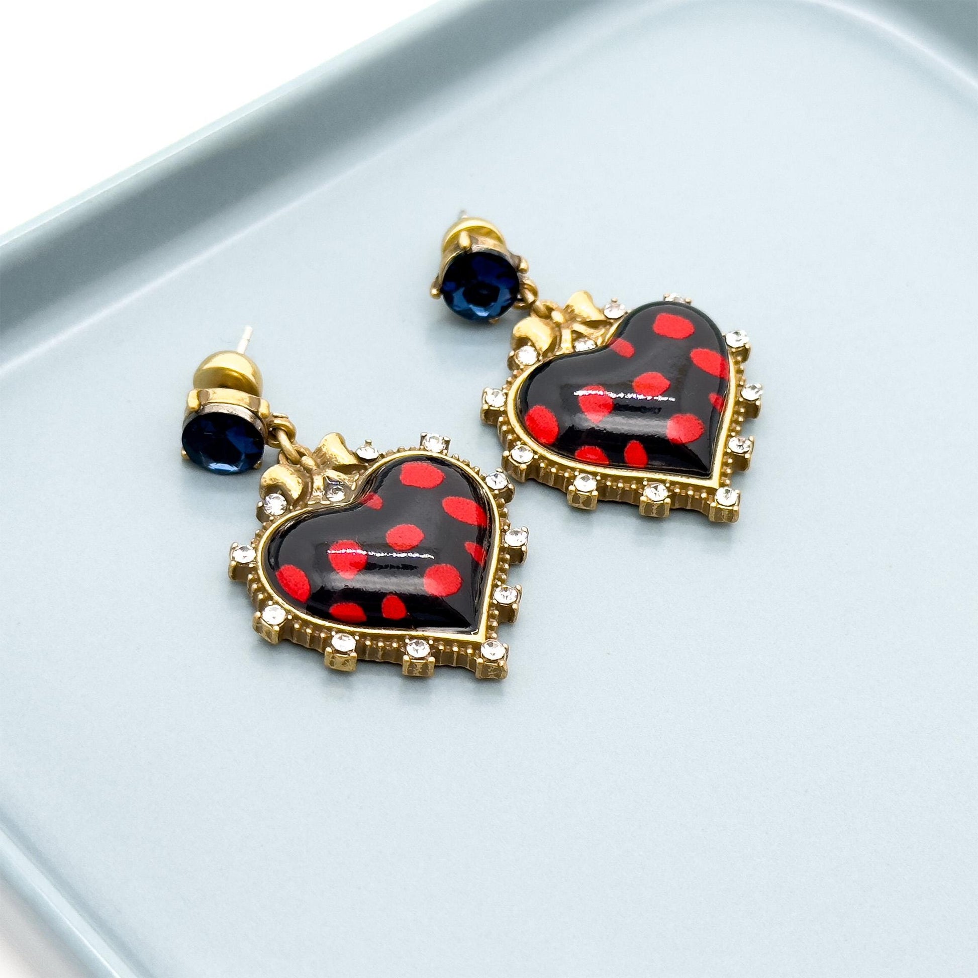 Vintage Art Deco Heart Earrings Zircon Rhinestone 45mm 925 Silver