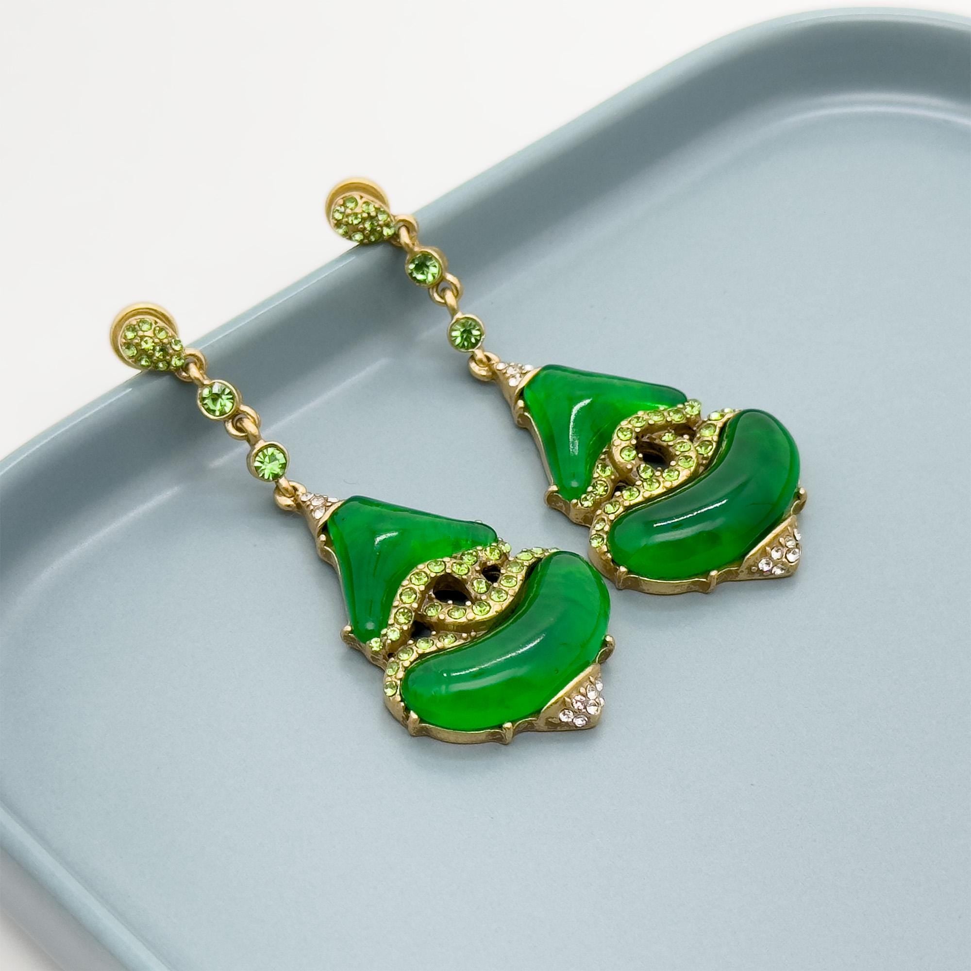 Vintage Art Deco Green Glass Rhinestone Dangle Earrings, 925 Silver