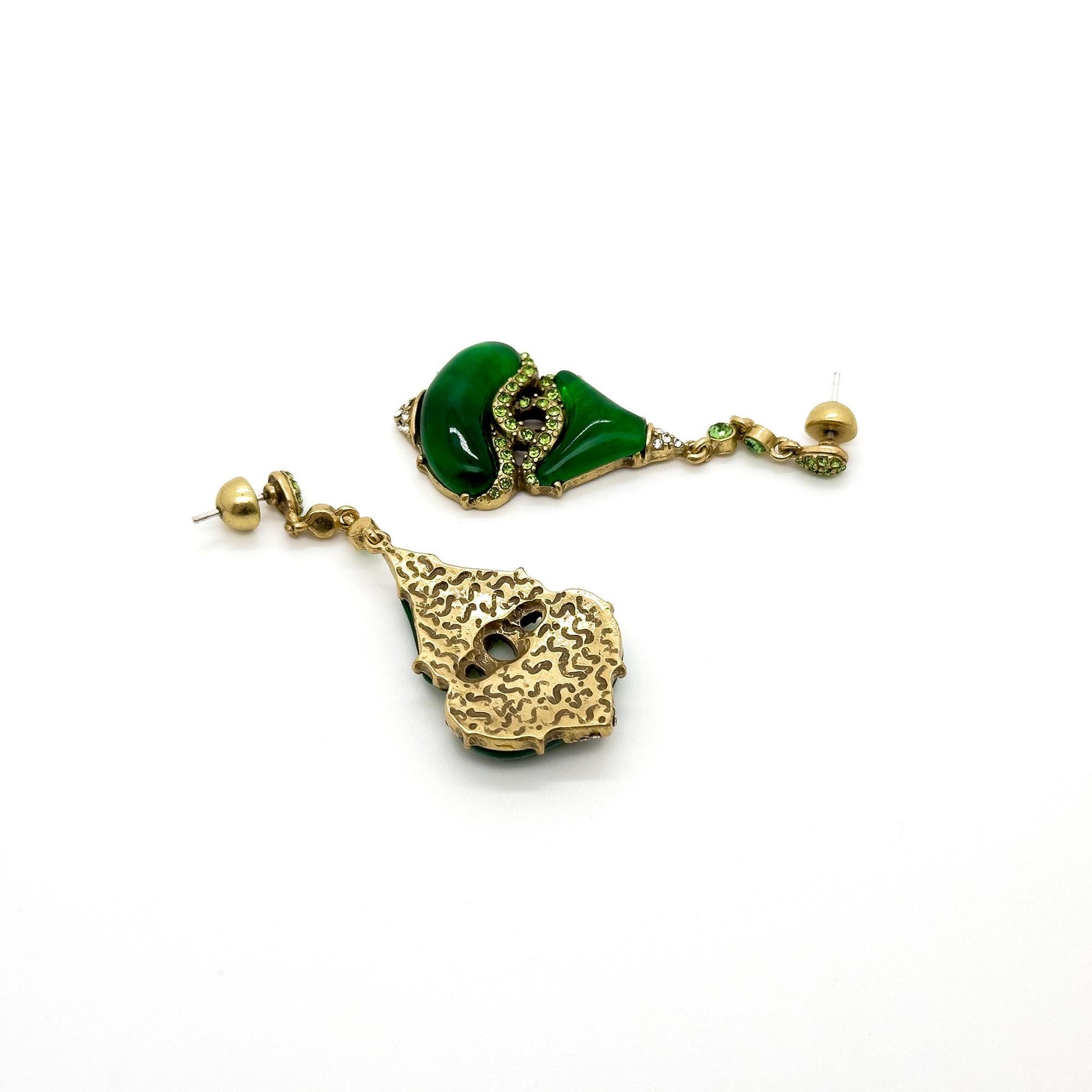 Vintage Art Deco Green Glass Rhinestone Dangle Earrings, 925 Silver