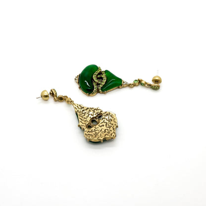 Vintage Art Deco Green Glass Rhinestone Dangle Earrings, 925 Silver