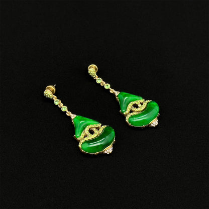 Vintage Art Deco Green Glass Rhinestone Dangle Earrings, 925 Silver