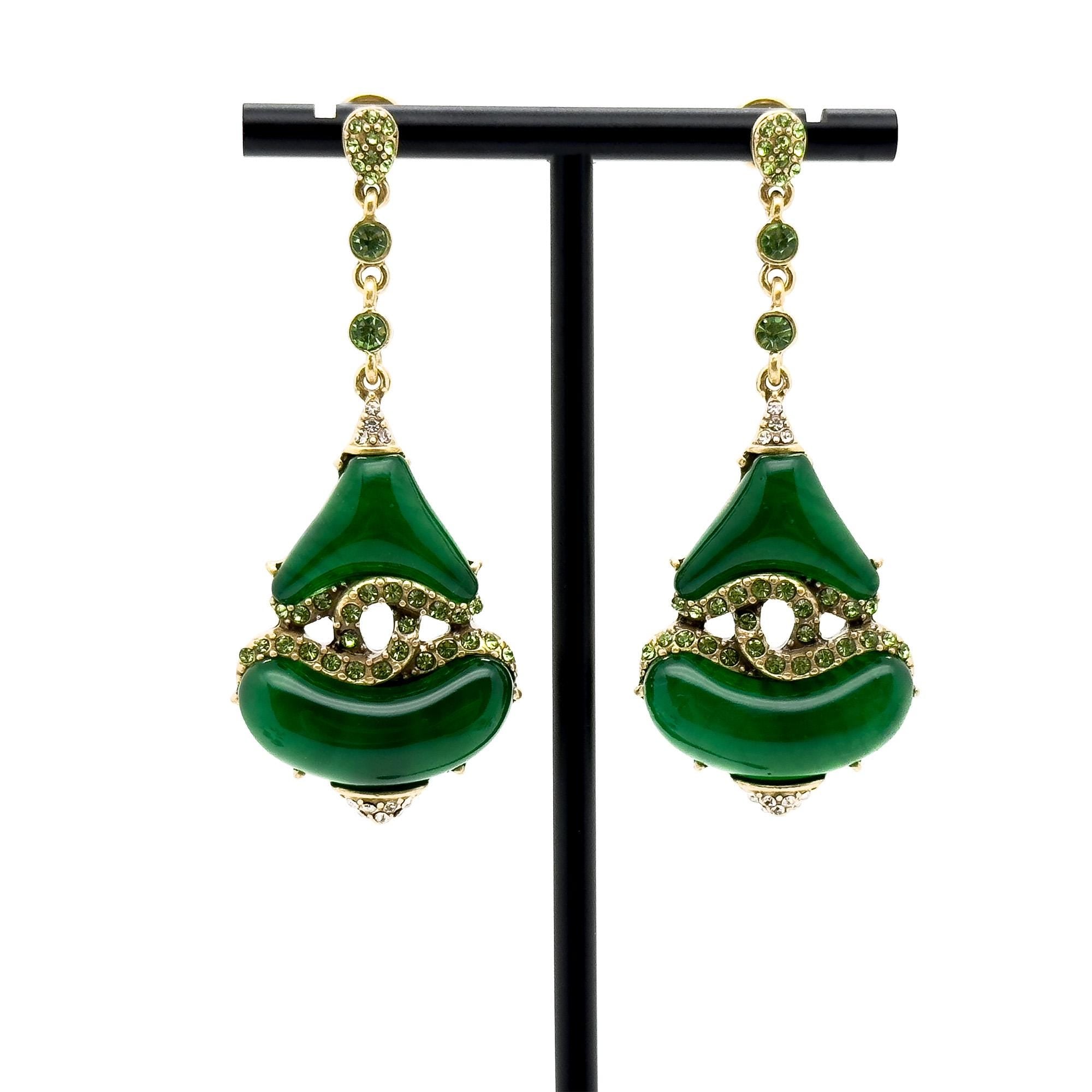 Vintage Art Deco Green Glass Rhinestone Dangle Earrings, 925 Silver