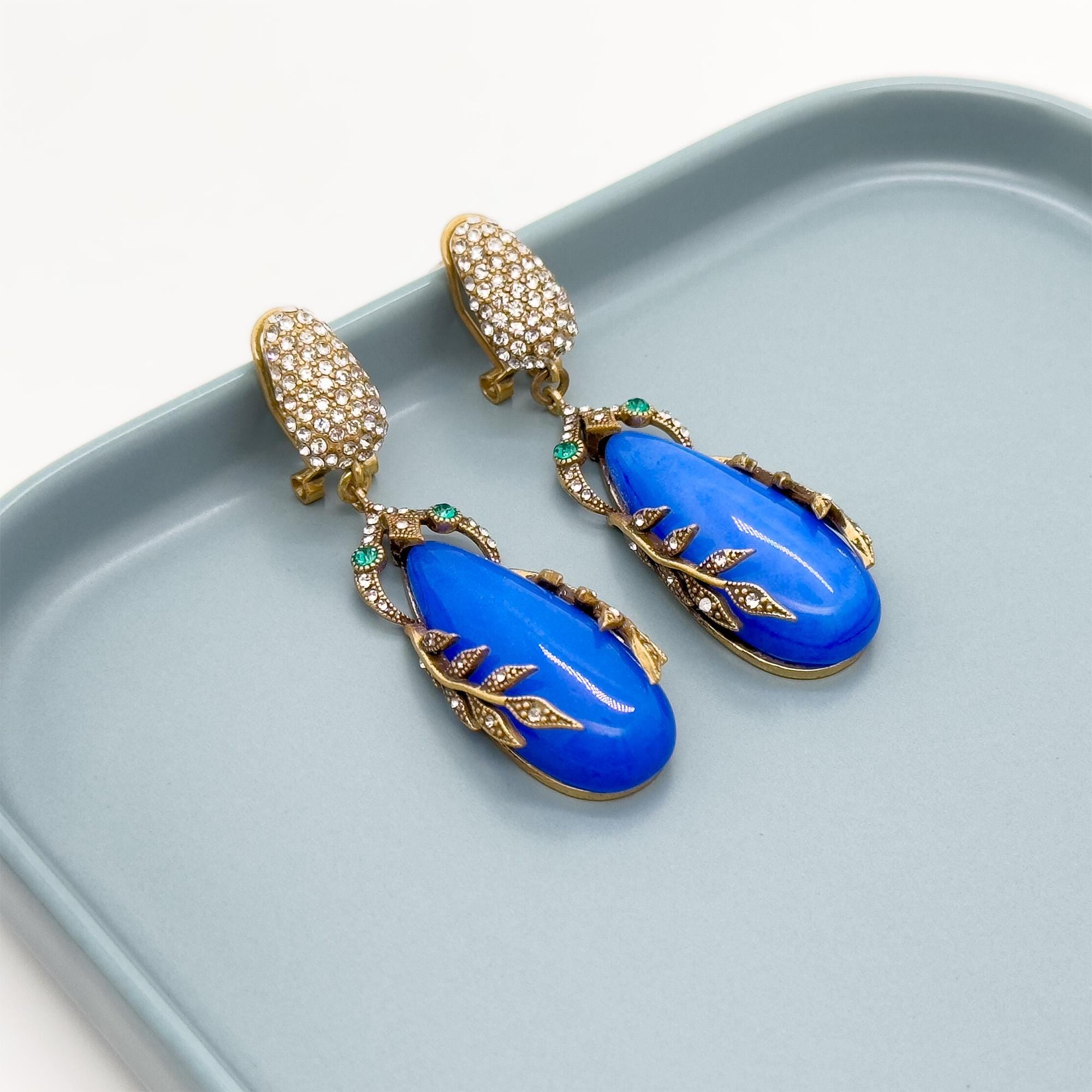 Art Deco Vintage Blue Leaf Dangle Earrings with 925 Silver