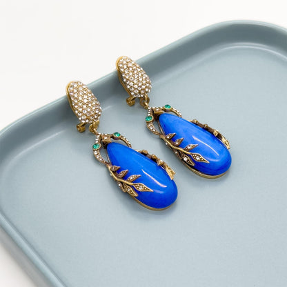 Art Deco Vintage Blue Leaf Dangle Earrings with 925 Silver