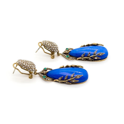 Art Deco Vintage Blue Leaf Dangle Earrings with 925 Silver