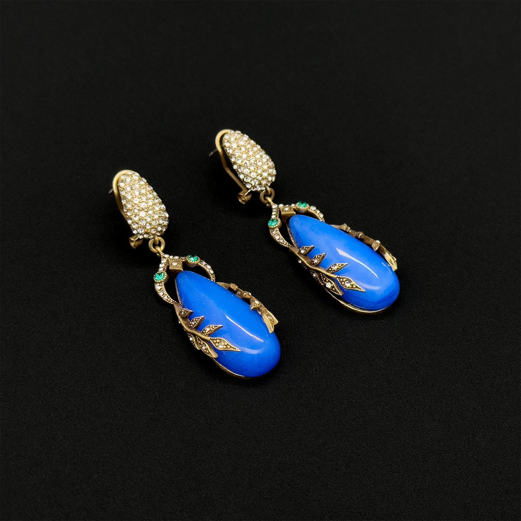 Art Deco Vintage Blue Leaf Dangle Earrings with 925 Silver