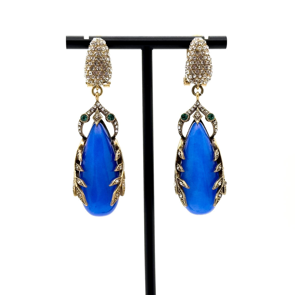 Art Deco Vintage Blue Leaf Dangle Earrings with 925 Silver