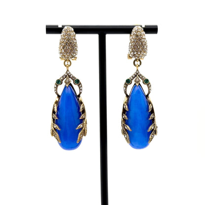 Art Deco Vintage Blue Leaf Dangle Earrings with 925 Silver