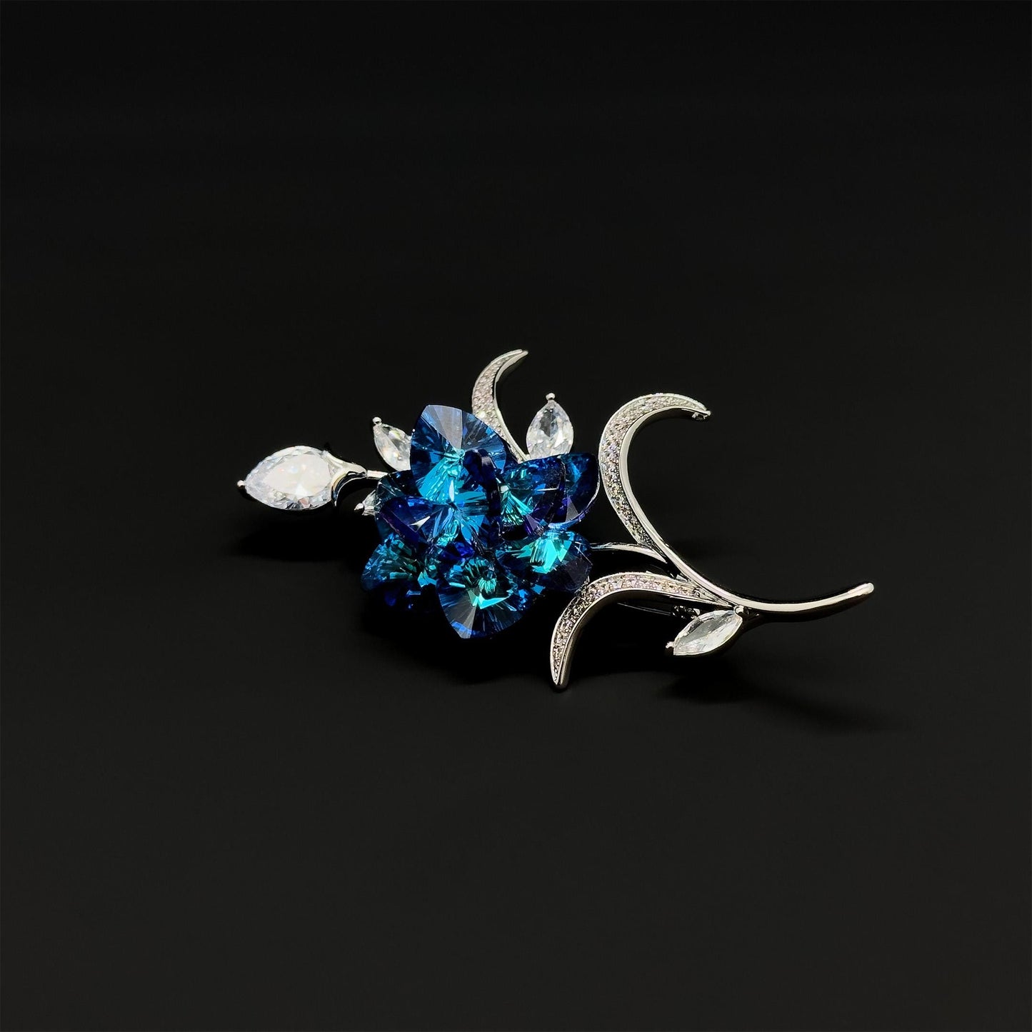 Minimalist Blue Rose Brooch with K9 Crystal, Copper Pin
