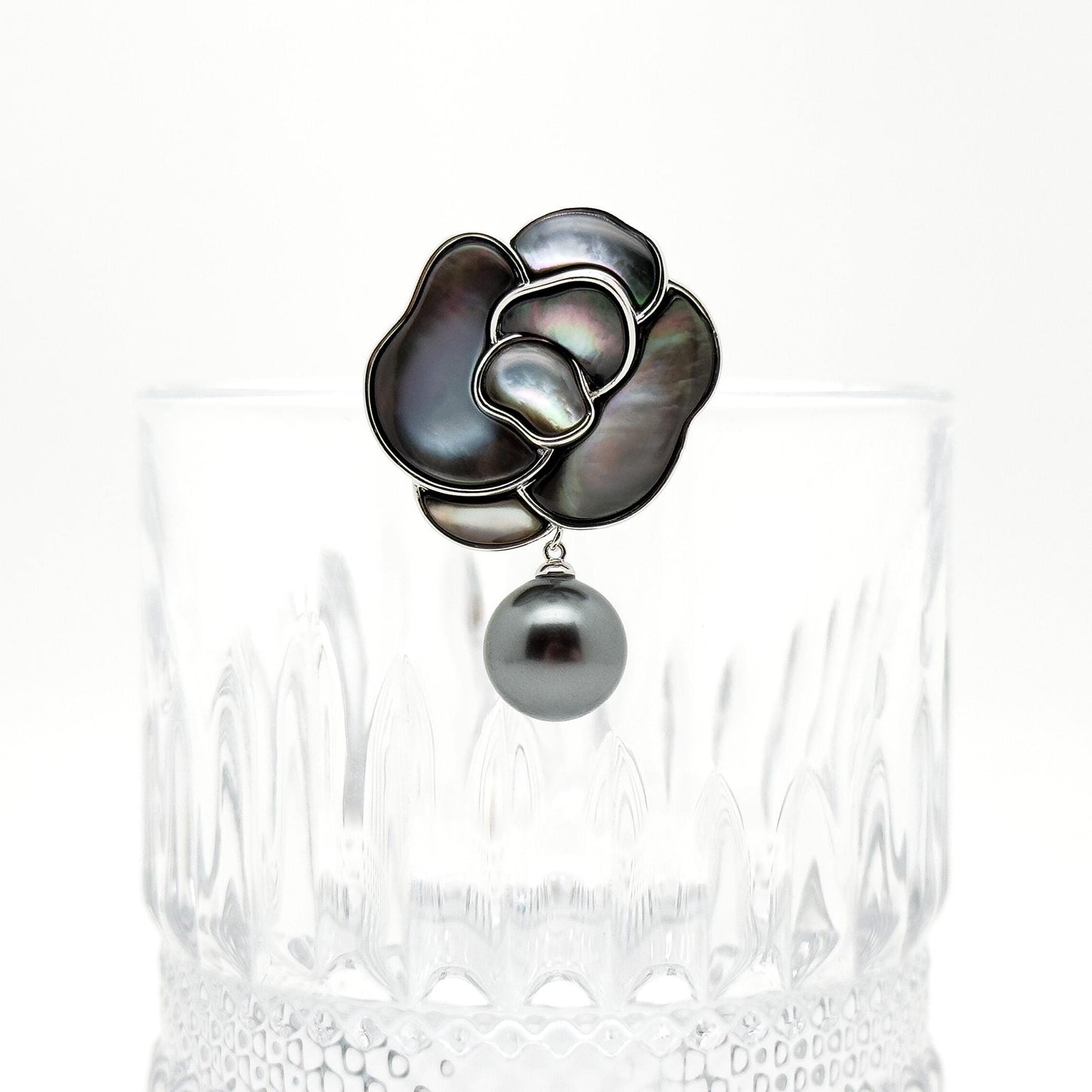 French Mother of Pearl Camellia Brooch with Freshwater Pearl Accent