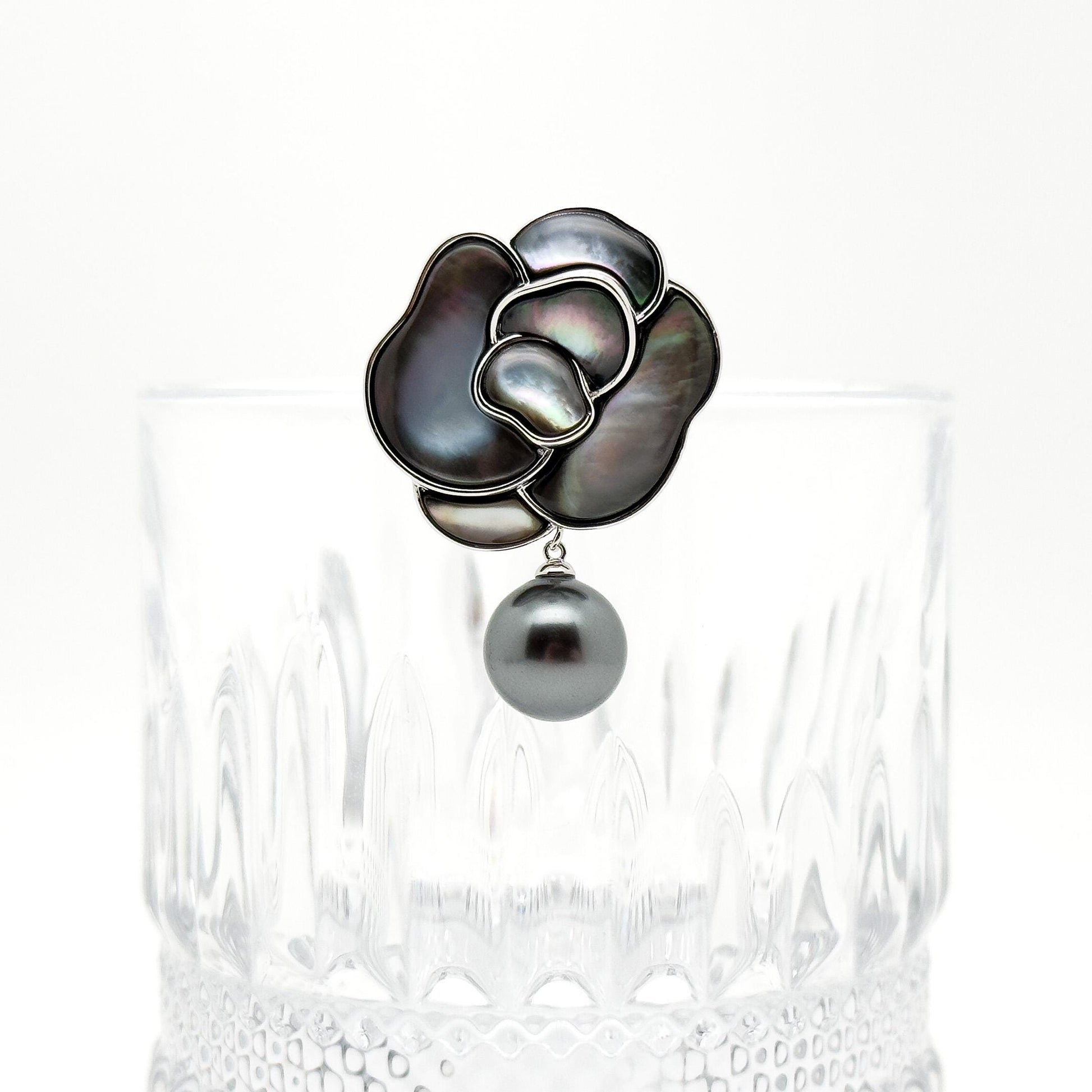 French Mother of Pearl Camellia Brooch with Freshwater Pearl Accent