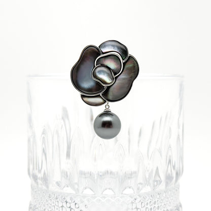 French Mother of Pearl Camellia Brooch with Freshwater Pearl Accent