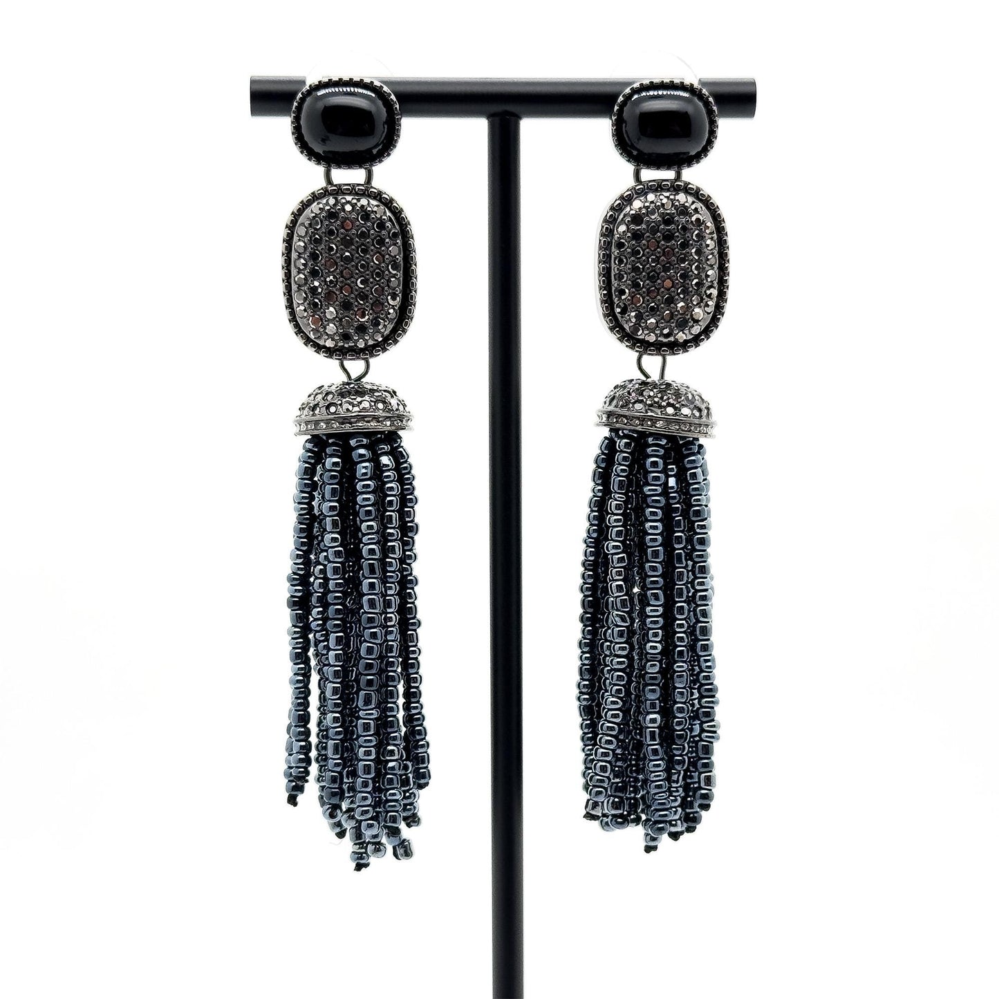 Handmade Art Deco Agate Dangle Earrings with Beaded Detail