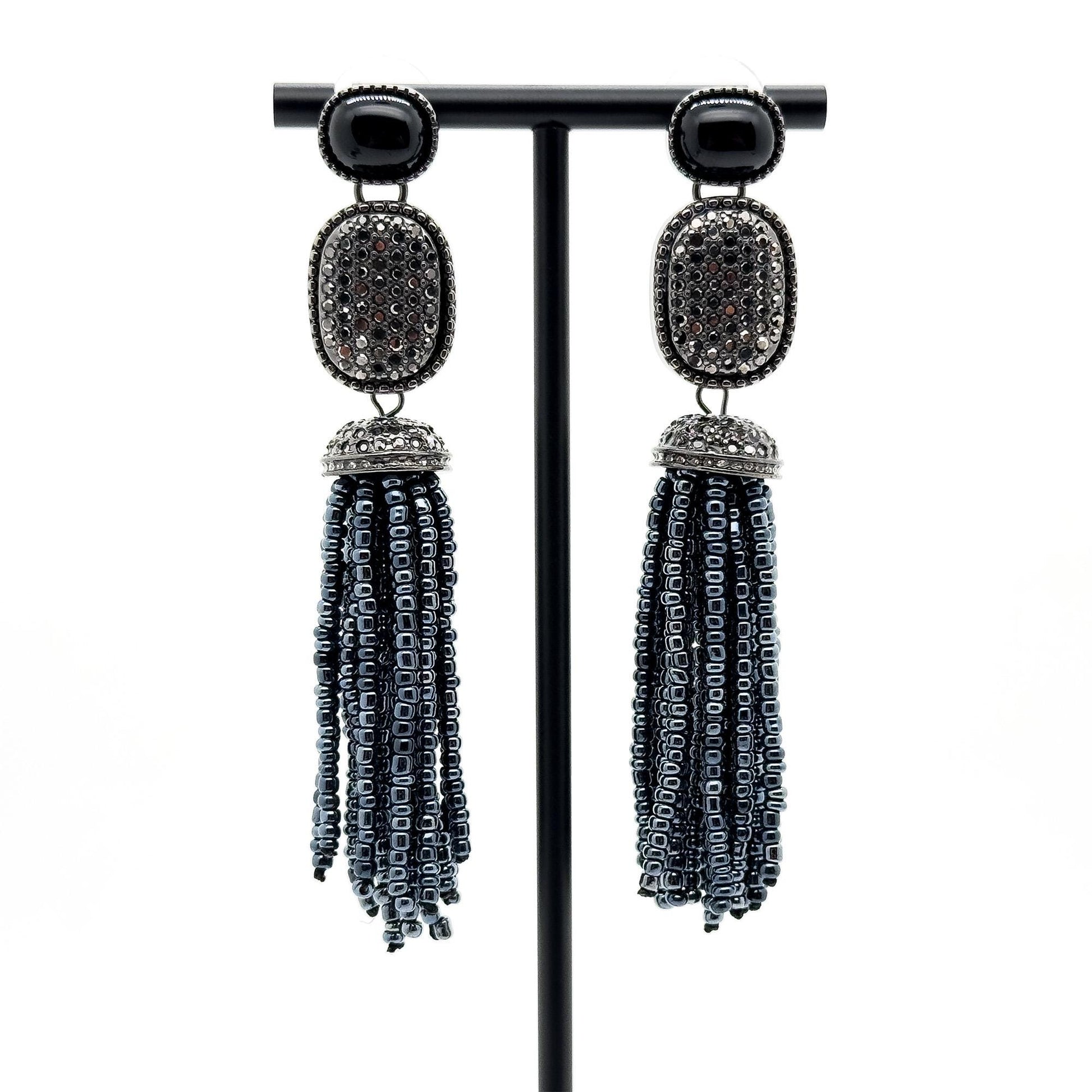 Handmade Art Deco Agate Dangle Earrings with Beaded Detail