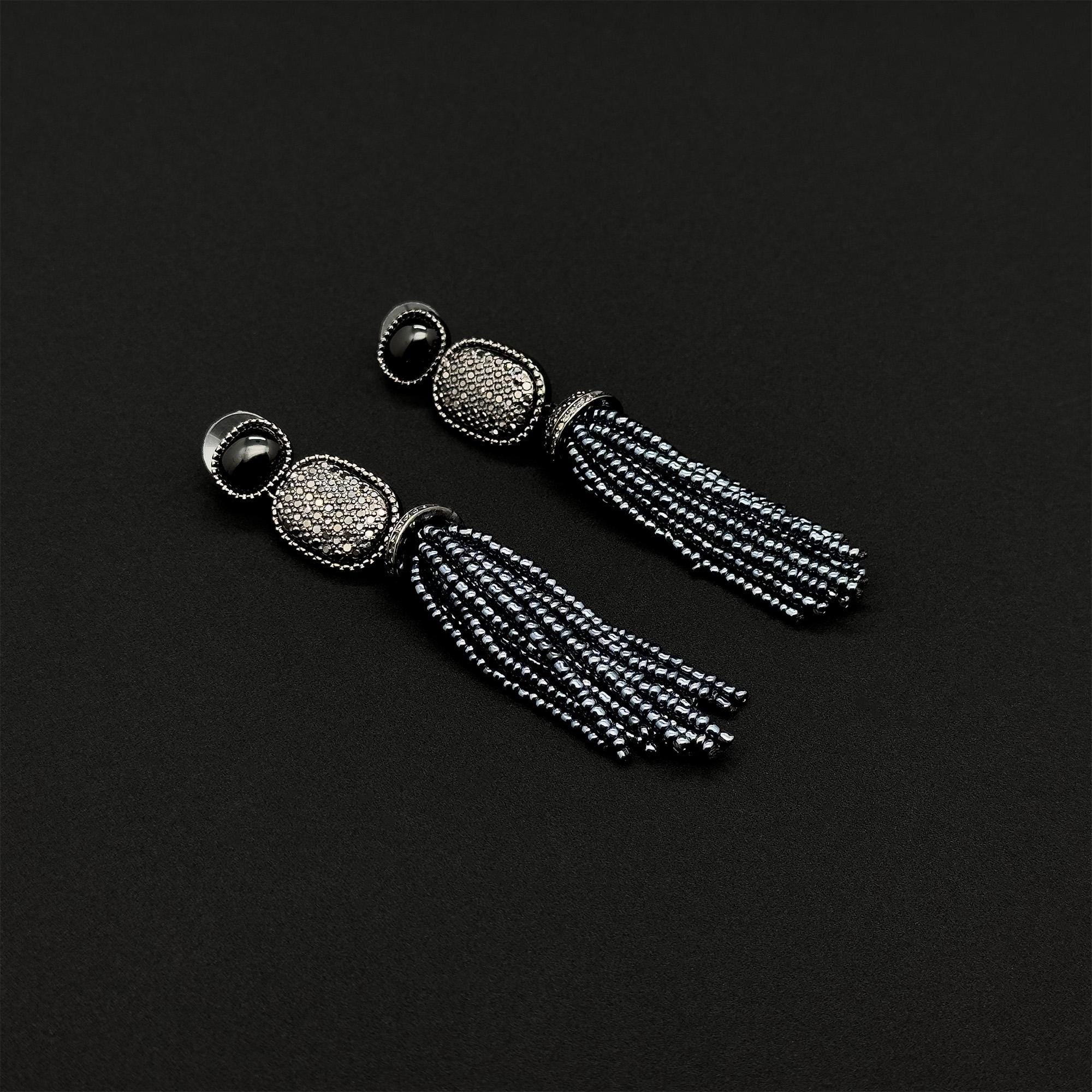 Handmade Art Deco Agate Dangle Earrings with Beaded Detail