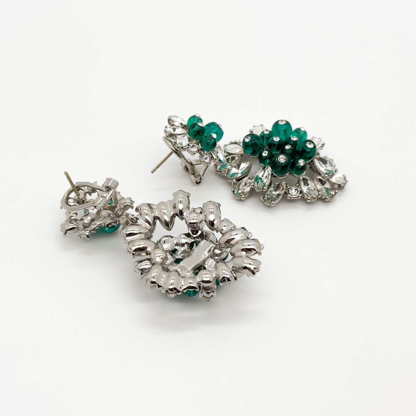 Vintage Art Deco Dangle Earrings Emerald Purple Glass Rhinestone