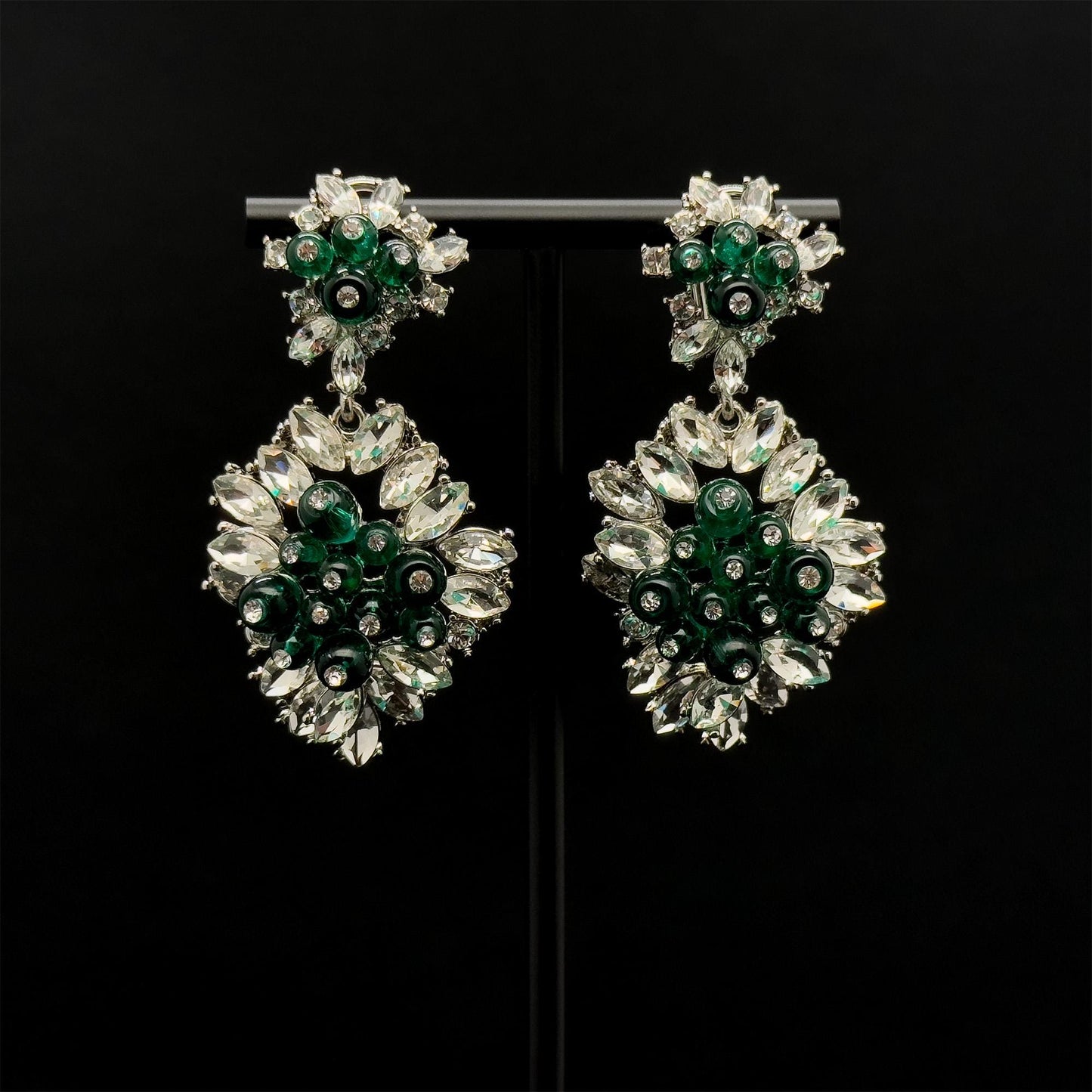 Vintage Art Deco Dangle Earrings Emerald Purple Glass Rhinestone