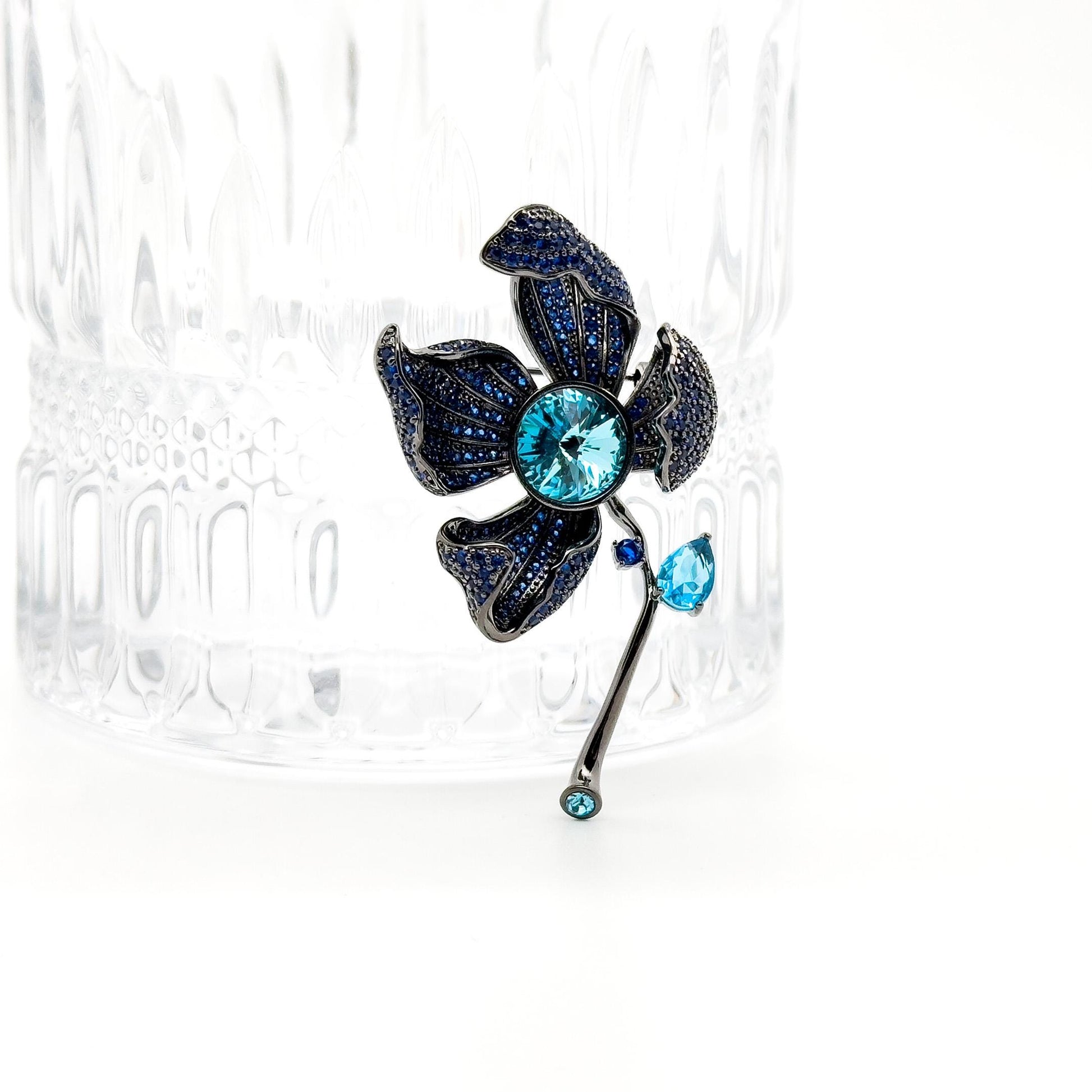 French Vintage Orchid Brooch Copper & Zircon Glass Floral Brooch