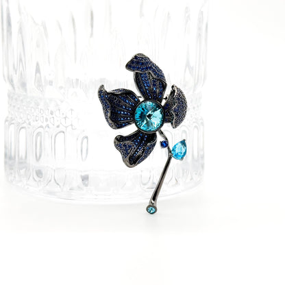 French Vintage Orchid Brooch Copper & Zircon Glass Floral Brooch