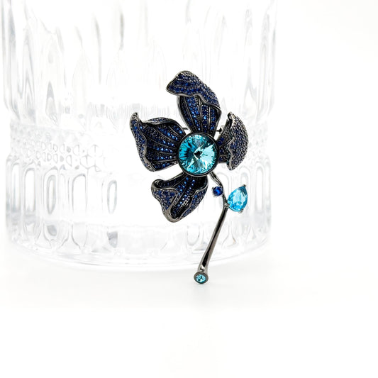 French Vintage Orchid Brooch Copper & Zircon Glass Floral Brooch