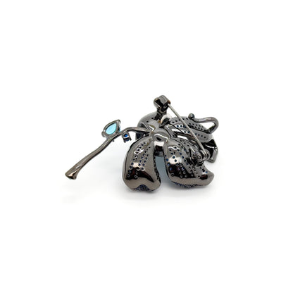 French Vintage Orchid Brooch Copper & Zircon Glass Floral Brooch