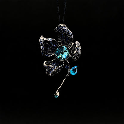 French Vintage Orchid Brooch Copper & Zircon Glass Floral Brooch