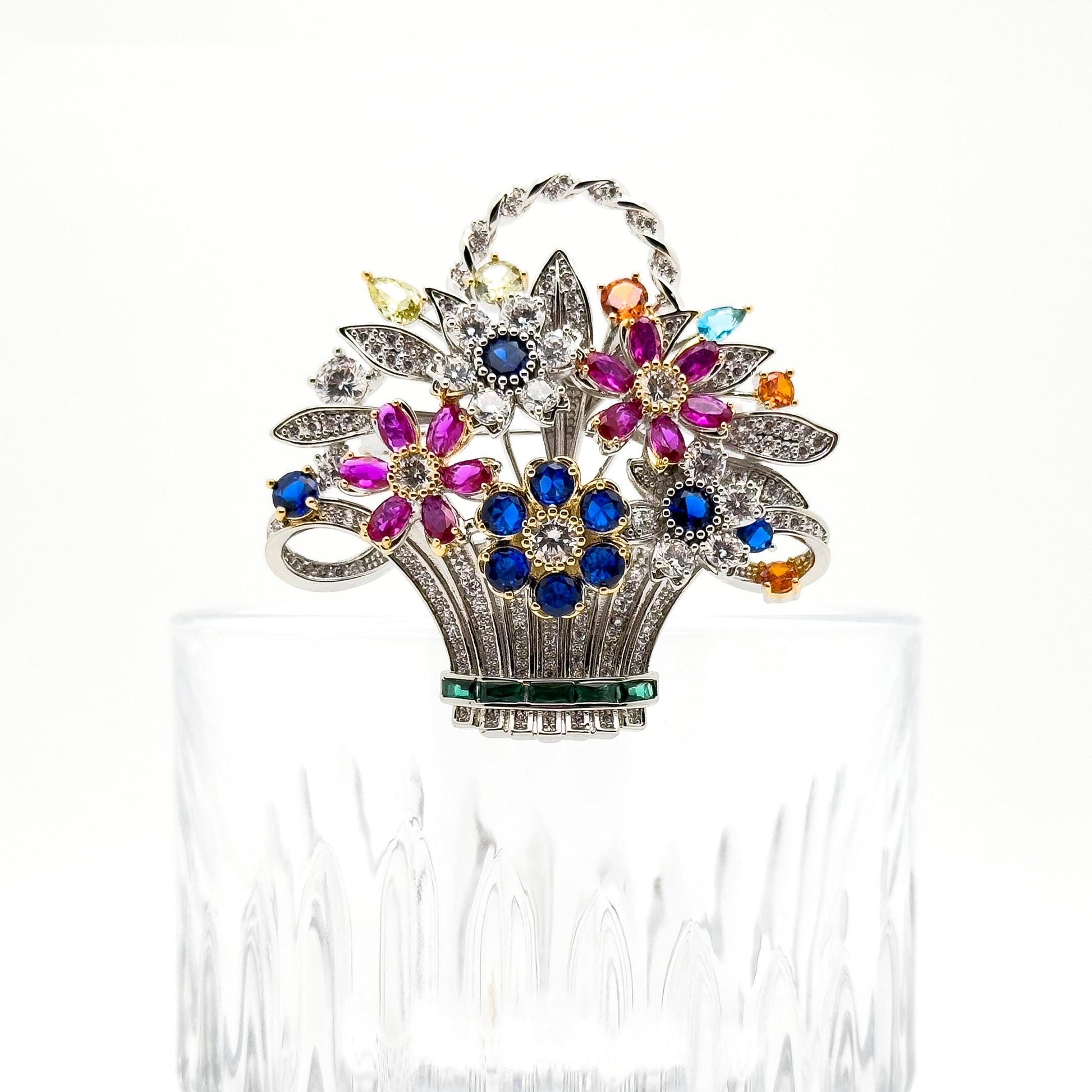 Zircon Floral Basket Brooch Copper Crystal Brooch for Women