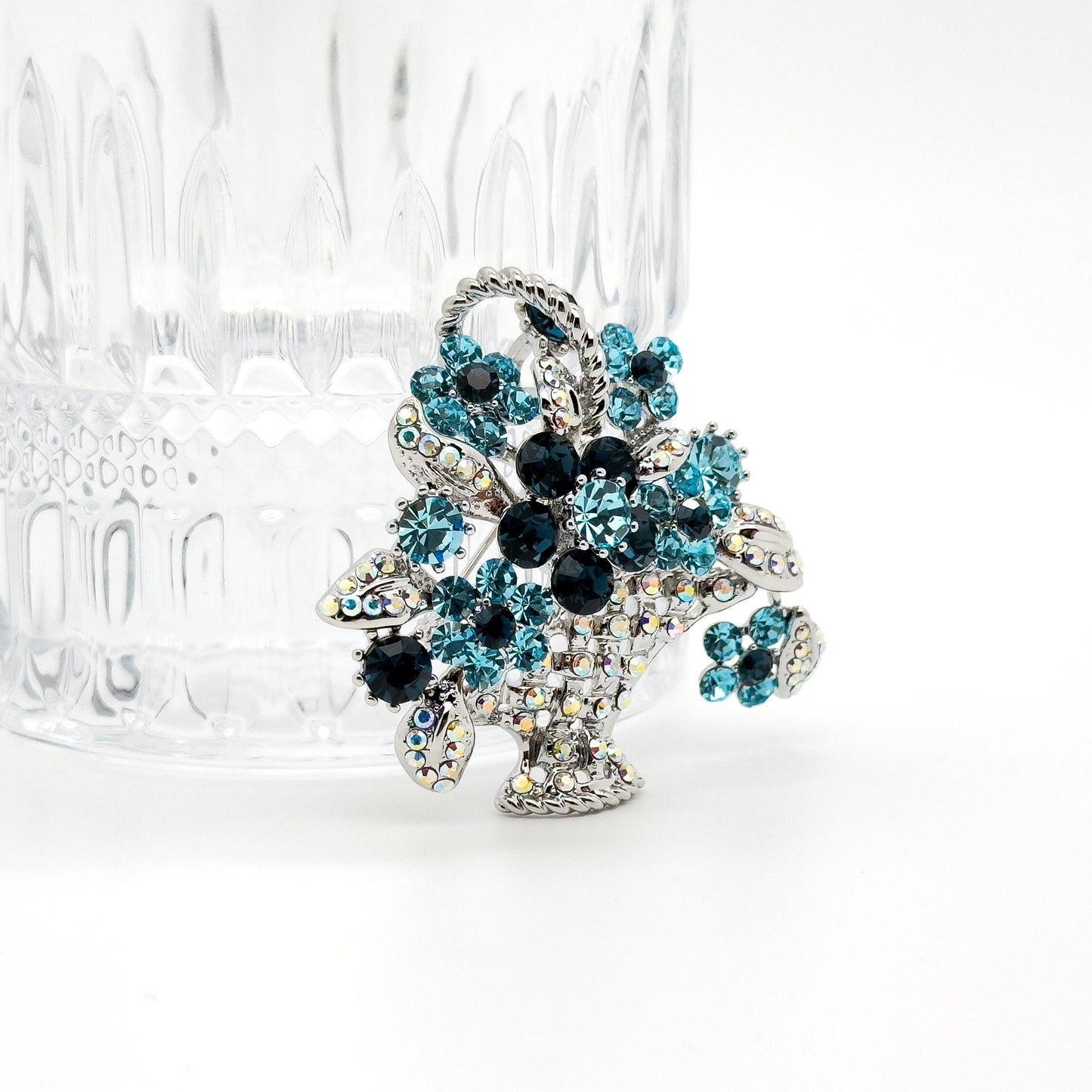 Zircon Floral Basket Brooch Copper Crystal Brooch for Women