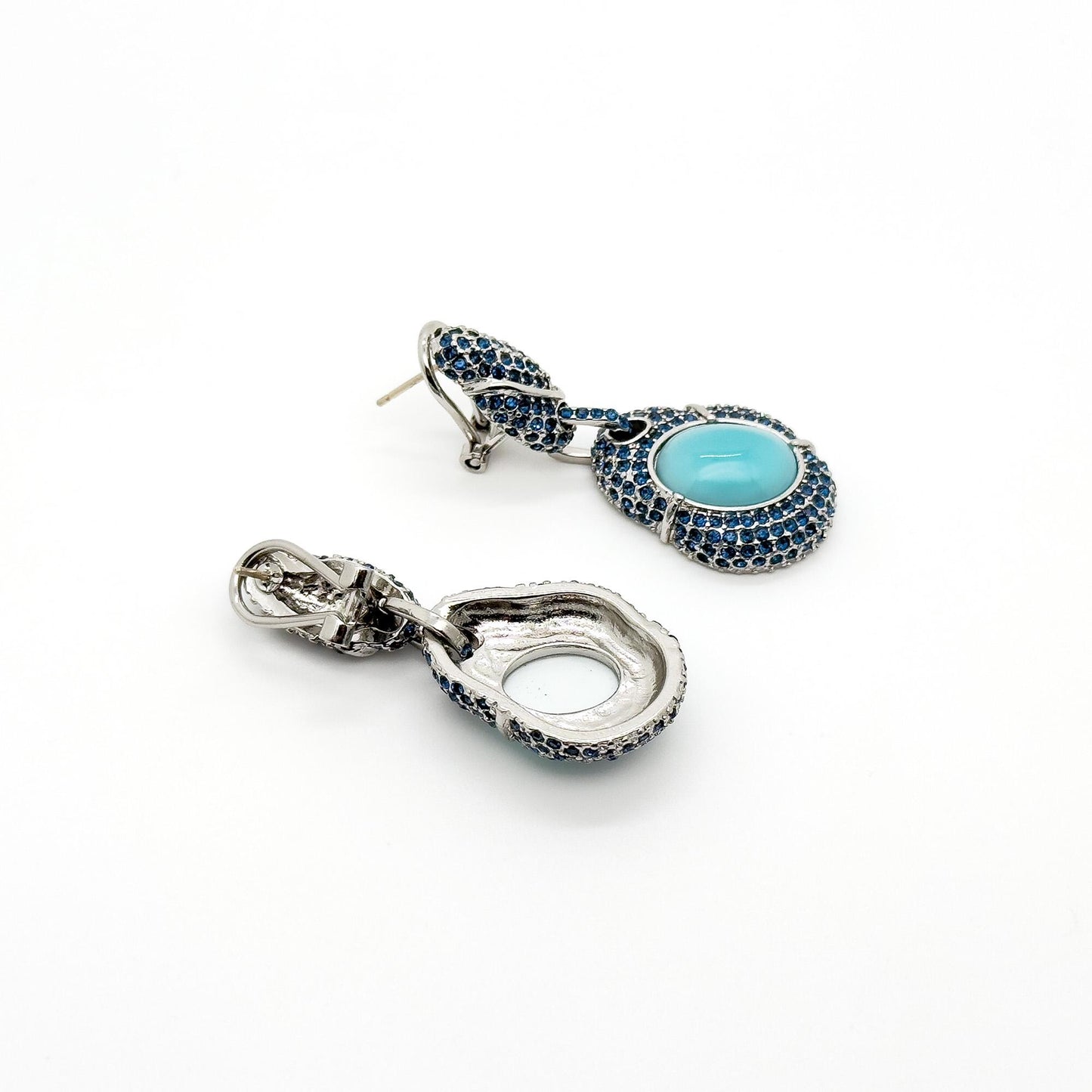 Vintage Art Deco Turquoise Dangle Earrings with Rhinestones, Copper