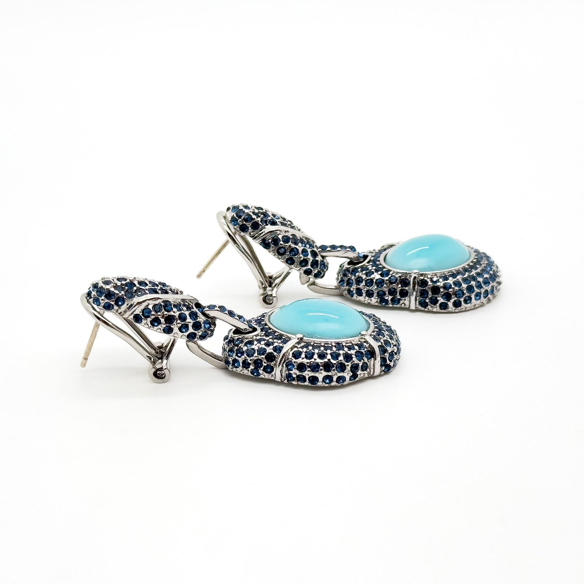 Vintage Art Deco Turquoise Dangle Earrings with Rhinestones, Copper