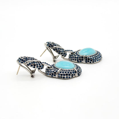 Vintage Art Deco Turquoise Dangle Earrings with Rhinestones, Copper