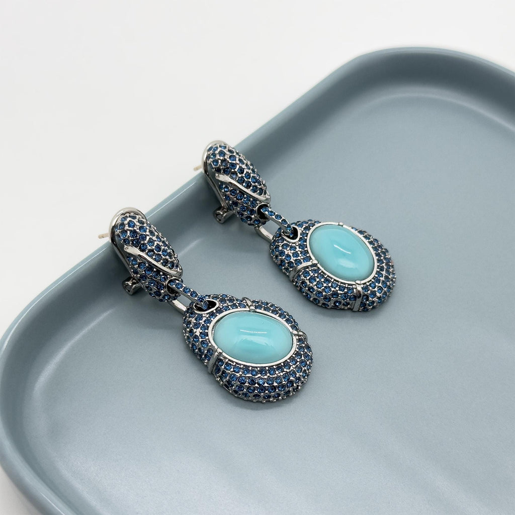 Vintage Art Deco Turquoise Dangle Earrings with Rhinestones, Copper