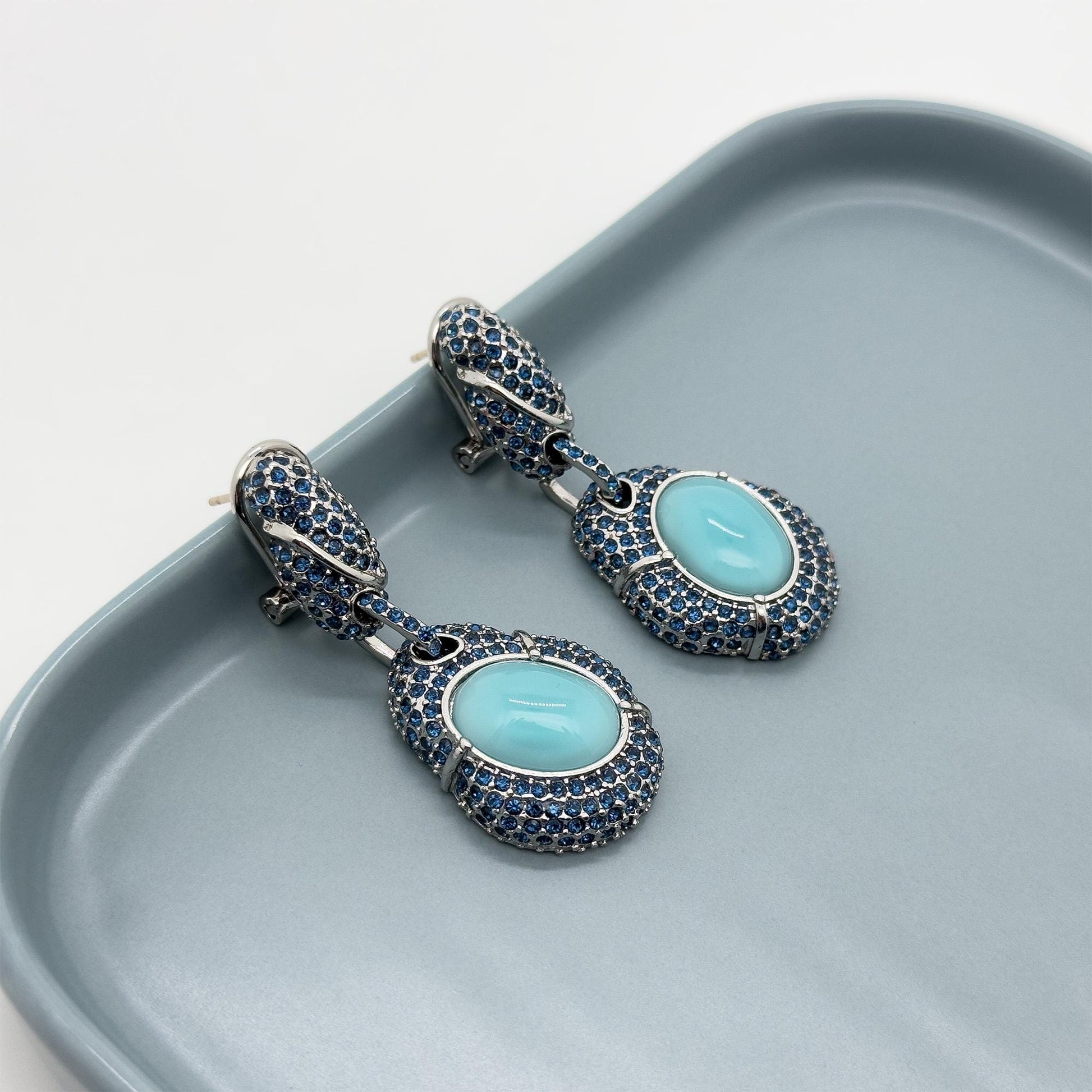 Vintage Art Deco Turquoise Dangle Earrings with Rhinestones, Copper