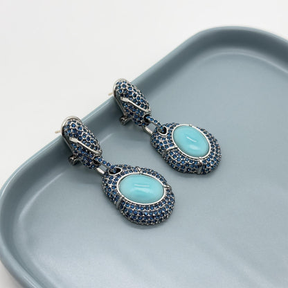 Vintage Art Deco Turquoise Dangle Earrings with Rhinestones, Copper