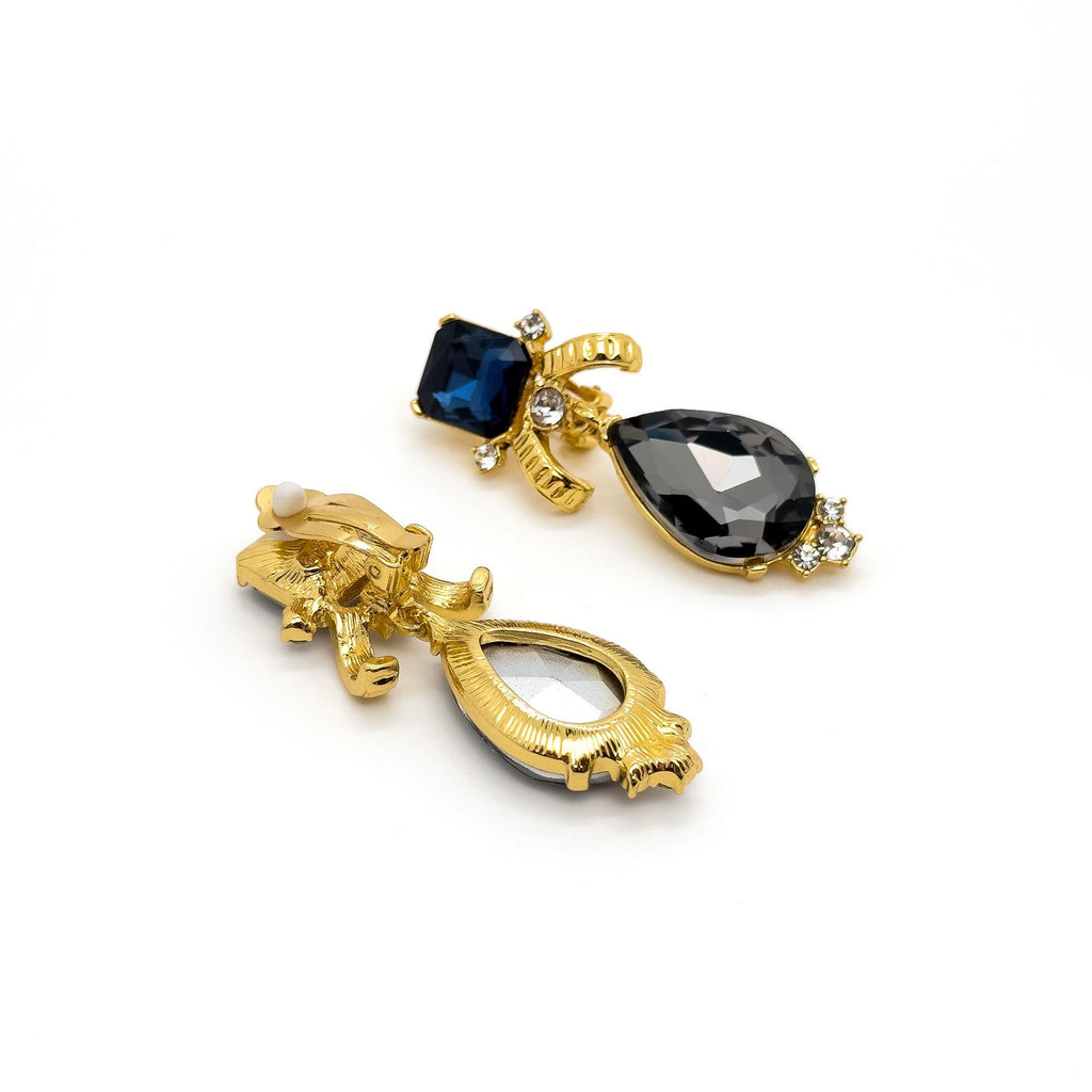 Vintage Art Deco Black Crystal Clip-On Dangle Court Earrings