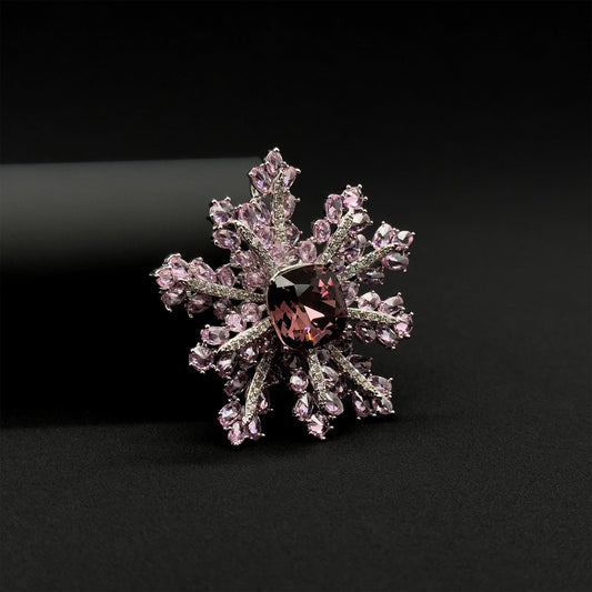 French Sweet Pink Snowflake Crystal Brooch, Copper Zircon Accents