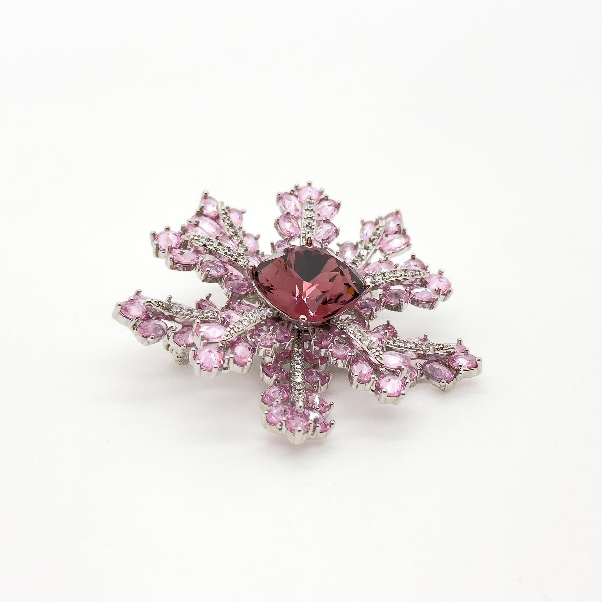 French Sweet Pink Snowflake Crystal Brooch, Copper Zircon Accents