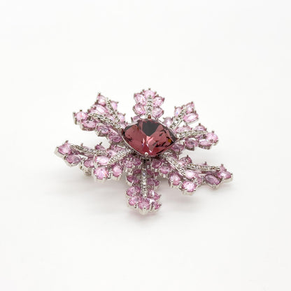 French Sweet Pink Snowflake Crystal Brooch, Copper Zircon Accents
